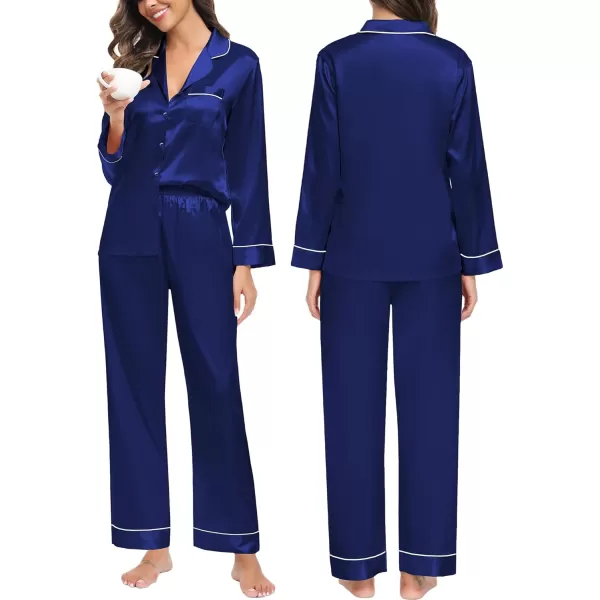 imageSWOMOG Couples Matching Pajamas Set Christmas Family Pajamas Long Sleeve Button Down Pj Set 2Pcs Festival Party SleepwearNavy Blue