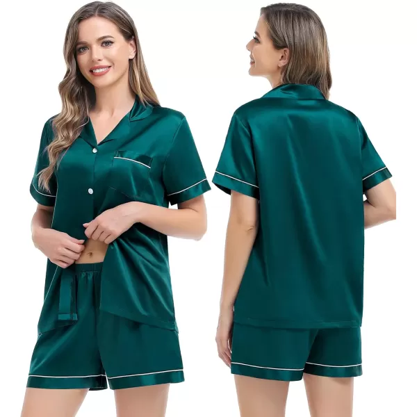 imageSWOMOG Couples Matching Pajamas Set Silk Satin Sleepwear Short Sleeve Button Down Pj Set 2 Pcs LoungewearGreen