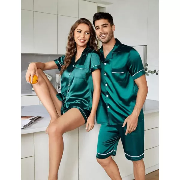 imageSWOMOG Couples Matching Pajamas Set Silk Satin Sleepwear Short Sleeve Button Down Pj Set 2 Pcs LoungewearGreen