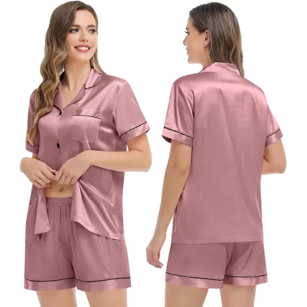 imageSWOMOG Couples Matching Pajamas Set Silk Satin Sleepwear Short Sleeve Button Down Pj Set 2 Pcs LoungewearMisty Rose