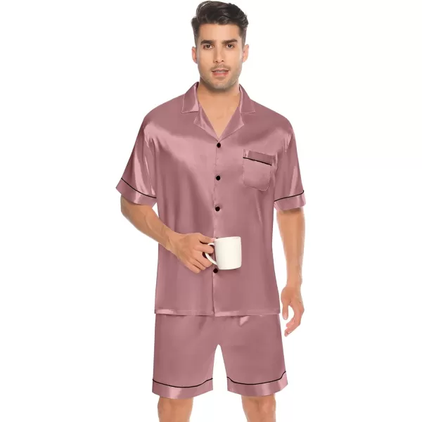 imageSWOMOG Couples Matching Pajamas Set Silk Satin Sleepwear Short Sleeve Button Down Pj Set 2 Pcs LoungewearMisty Rose