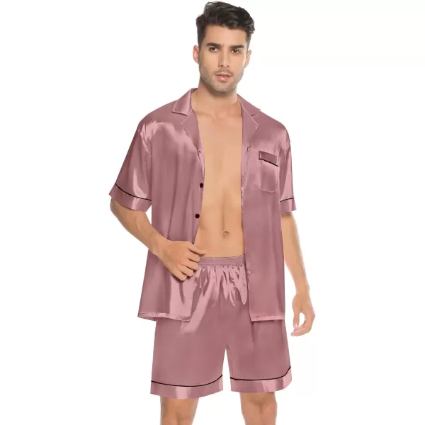 imageSWOMOG Couples Matching Pajamas Set Silk Satin Sleepwear Short Sleeve Button Down Pj Set 2 Pcs LoungewearMisty Rose