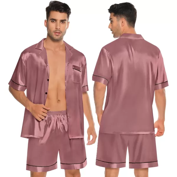 imageSWOMOG Couples Matching Pajamas Set Silk Satin Sleepwear Short Sleeve Button Down Pj Set 2 Pcs LoungewearMisty Rose