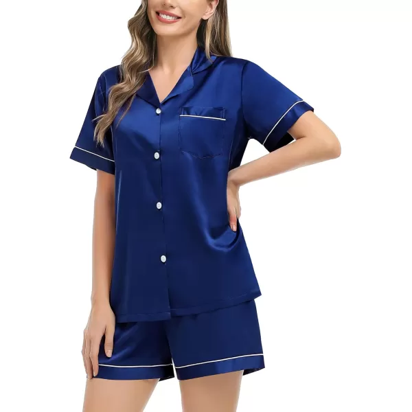 imageSWOMOG Couples Matching Pajamas Set Silk Satin Sleepwear Short Sleeve Button Down Pj Set 2 Pcs LoungewearNavy Blue