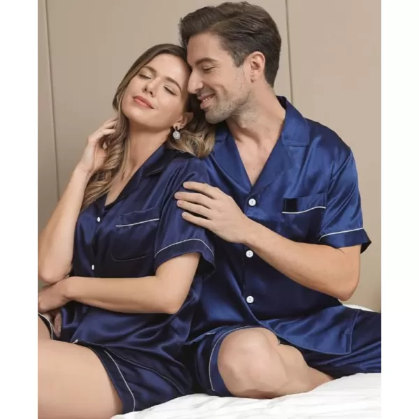 imageSWOMOG Couples Matching Pajamas Set Silk Satin Sleepwear Short Sleeve Button Down Pj Set 2 Pcs LoungewearNavy Blue