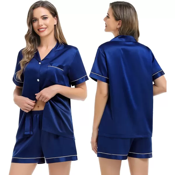 imageSWOMOG Couples Matching Pajamas Set Silk Satin Sleepwear Short Sleeve Button Down Pj Set 2 Pcs LoungewearNavy Blue