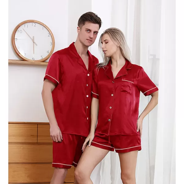 imageSWOMOG Couples Matching Pajamas Set Silk Satin Sleepwear Short Sleeve Button Down Pj Set 2 Pcs LoungewearRed