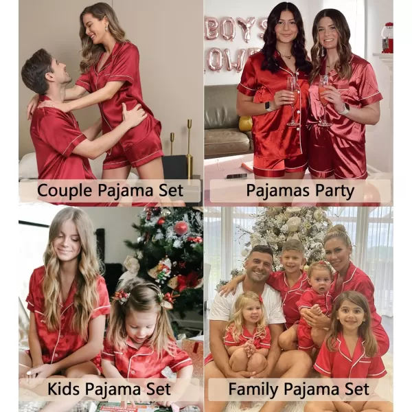 imageSWOMOG Couples Matching Pajamas Set Silk Satin Sleepwear Short Sleeve Button Down Pj Set 2 Pcs LoungewearRed