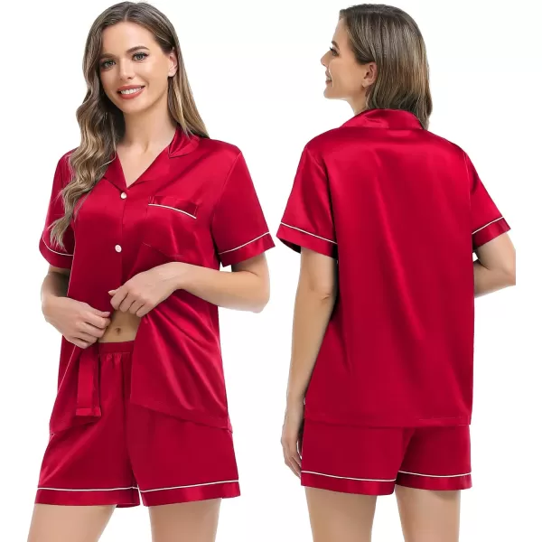 imageSWOMOG Couples Matching Pajamas Set Silk Satin Sleepwear Short Sleeve Button Down Pj Set 2 Pcs LoungewearRed