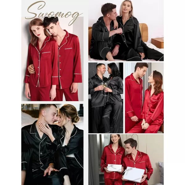 imageSWOMOG Couples Matching Pajamas Sets Women ampamp Men Silk Satin Long Sleeve Button Down Sleepwear 2 Pcs Classic LoungewearBlack