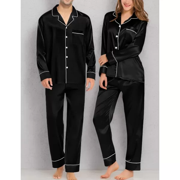 imageSWOMOG Couples Matching Pajamas Sets Women ampamp Men Silk Satin Long Sleeve Button Down Sleepwear 2 Pcs Classic LoungewearBlack