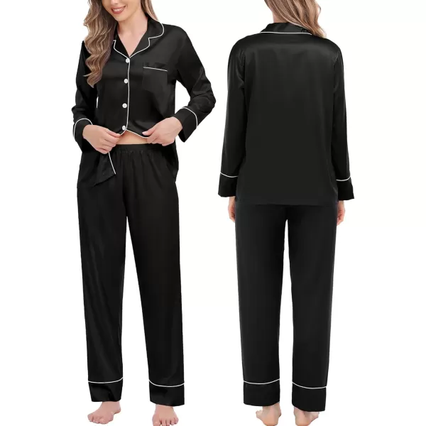 imageSWOMOG Couples Matching Pajamas Sets Women ampamp Men Silk Satin Long Sleeve Button Down Sleepwear 2 Pcs Classic LoungewearBlack