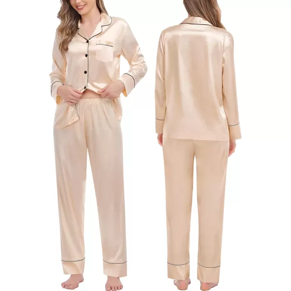 imageSWOMOG Couples Matching Pajamas Sets Women ampamp Men Silk Satin Long Sleeve Button Down Sleepwear 2 Pcs Classic LoungewearChampagne