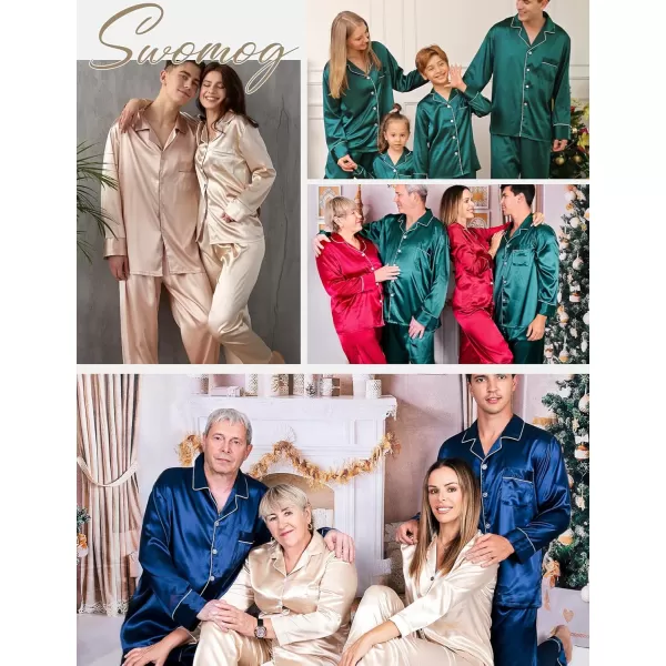 imageSWOMOG Couples Matching Pajamas Sets Women ampamp Men Silk Satin Long Sleeve Button Down Sleepwear 2 Pcs Classic LoungewearDeep Green