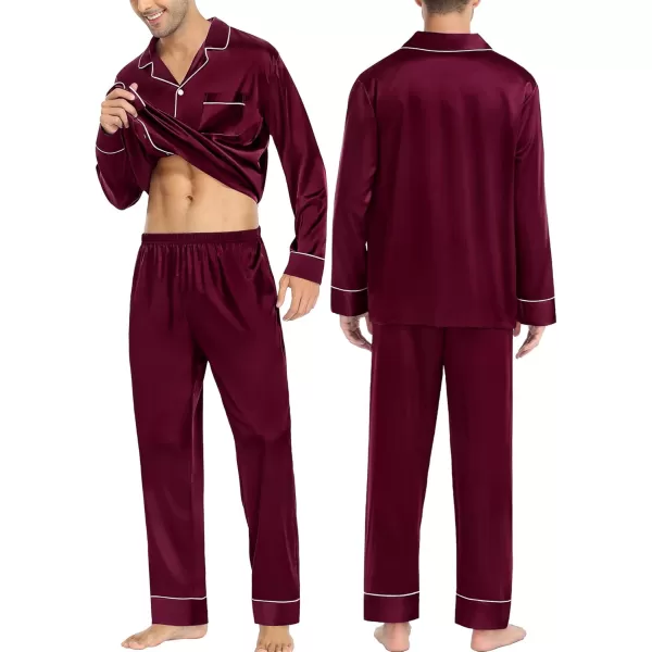 imageSWOMOG Couples Matching Pajamas Sets Women ampamp Men Silk Satin Long Sleeve Button Down Sleepwear 2 Pcs Classic LoungewearDeep Wine Red
