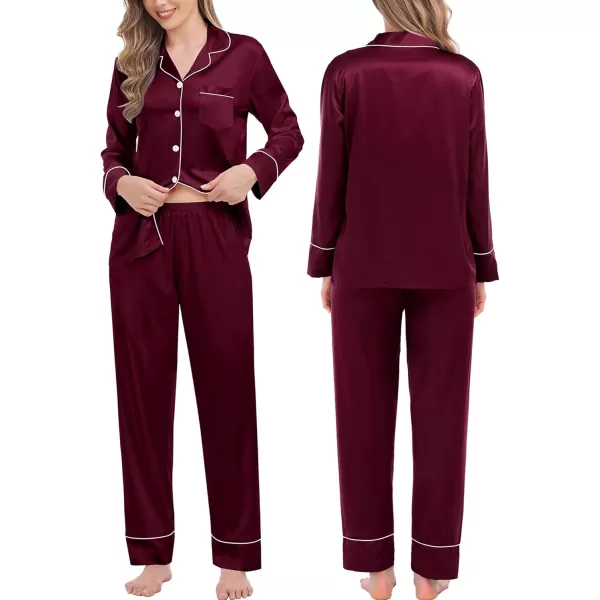 imageSWOMOG Couples Matching Pajamas Sets Women ampamp Men Silk Satin Long Sleeve Button Down Sleepwear 2 Pcs Classic LoungewearDeep Wine Red