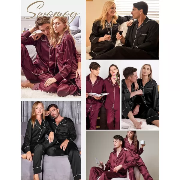 imageSWOMOG Couples Matching Pajamas Sets Women ampamp Men Silk Satin Long Sleeve Button Down Sleepwear 2 Pcs Classic LoungewearDeep Wine Red