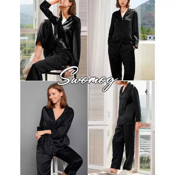 imageSWOMOG Couples Matching Pajamas Sets christmas pjs for family Silk Satin Long Sleeve Sleepwear Soft Button Down Pjs Set SXXLBlack