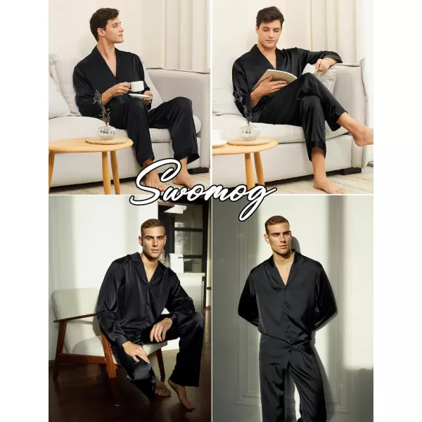 imageSWOMOG Couples Matching Pajamas Sets christmas pjs for family Silk Satin Long Sleeve Sleepwear Soft Button Down Pjs Set SXXLBlack