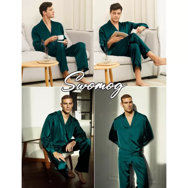 imageSWOMOG Couples Matching Pajamas Sets christmas pjs for family Silk Satin Long Sleeve Sleepwear Soft Button Down Pjs Set SXXLDark Green