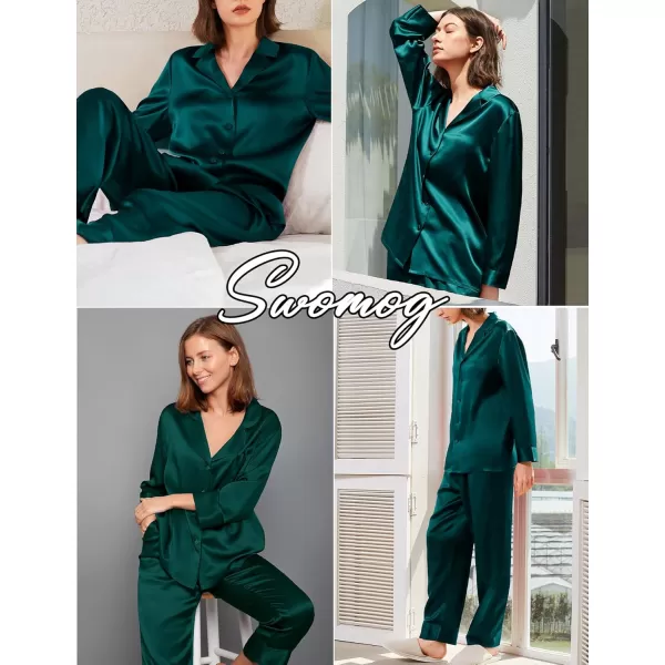 imageSWOMOG Couples Matching Pajamas Sets christmas pjs for family Silk Satin Long Sleeve Sleepwear Soft Button Down Pjs Set SXXLDark Green