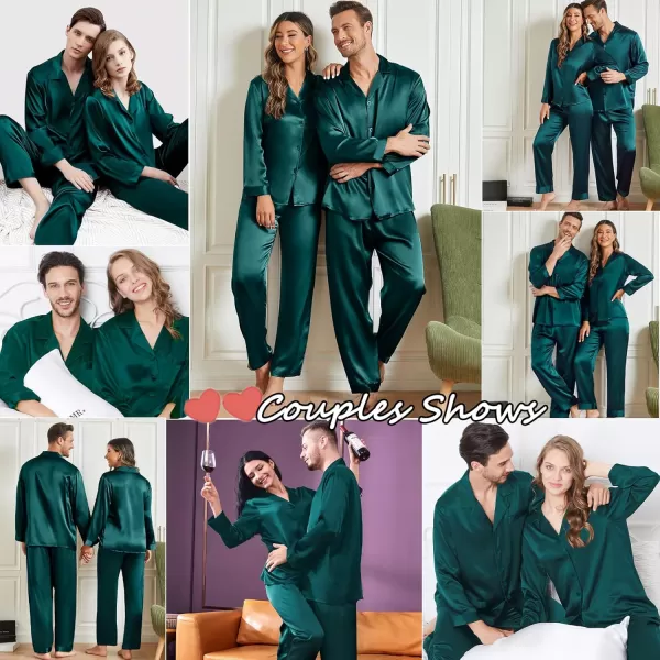 imageSWOMOG Couples Matching Pajamas Sets christmas pjs for family Silk Satin Long Sleeve Sleepwear Soft Button Down Pjs Set SXXLDark Green