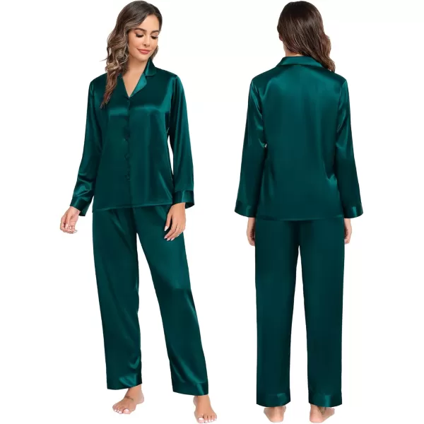 imageSWOMOG Couples Matching Pajamas Sets christmas pjs for family Silk Satin Long Sleeve Sleepwear Soft Button Down Pjs Set SXXLDark Green
