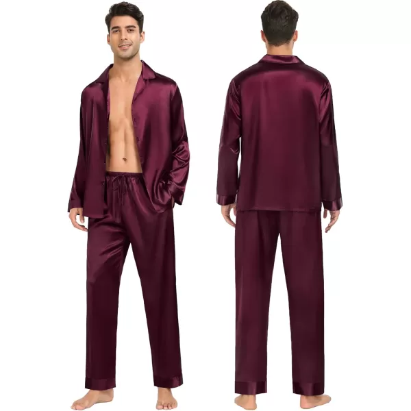 imageSWOMOG Couples Matching Pajamas Sets christmas pjs for family Silk Satin Long Sleeve Sleepwear Soft Button Down Pjs Set SXXLDark Wine Red