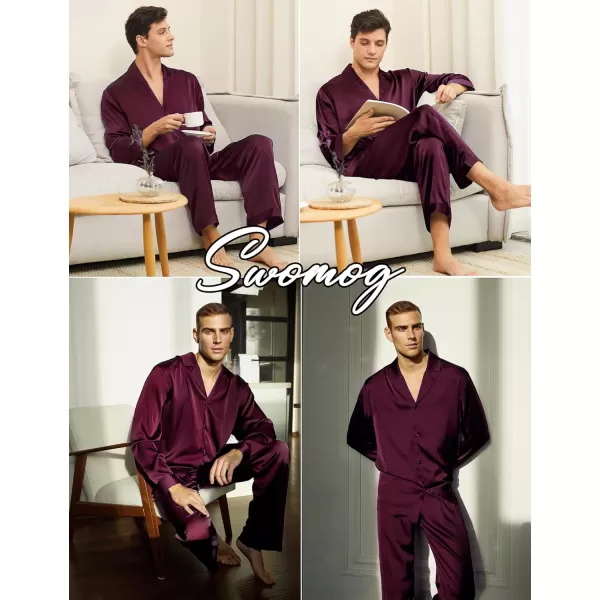 imageSWOMOG Couples Matching Pajamas Sets christmas pjs for family Silk Satin Long Sleeve Sleepwear Soft Button Down Pjs Set SXXLDark Wine Red