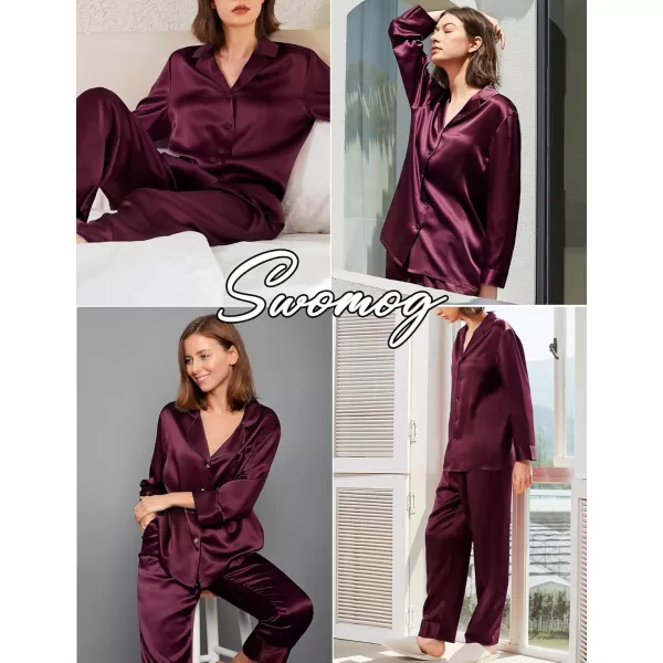 imageSWOMOG Couples Matching Pajamas Sets christmas pjs for family Silk Satin Long Sleeve Sleepwear Soft Button Down Pjs Set SXXLDark Wine Red