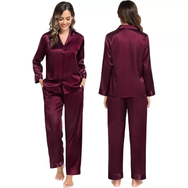 imageSWOMOG Couples Matching Pajamas Sets christmas pjs for family Silk Satin Long Sleeve Sleepwear Soft Button Down Pjs Set SXXLDark Wine Red