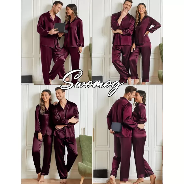 imageSWOMOG Couples Matching Pajamas Sets christmas pjs for family Silk Satin Long Sleeve Sleepwear Soft Button Down Pjs Set SXXLDark Wine Red