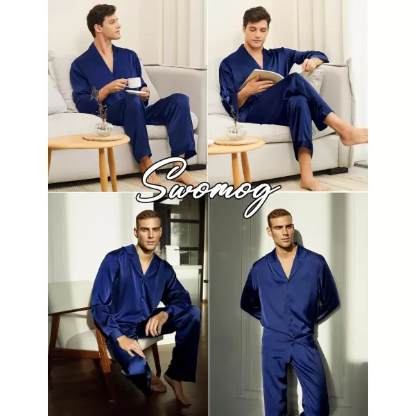 imageSWOMOG Couples Matching Pajamas Sets christmas pjs for family Silk Satin Long Sleeve Sleepwear Soft Button Down Pjs Set SXXLNavy Blue