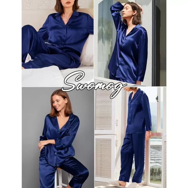 imageSWOMOG Couples Matching Pajamas Sets christmas pjs for family Silk Satin Long Sleeve Sleepwear Soft Button Down Pjs Set SXXLNavy Blue