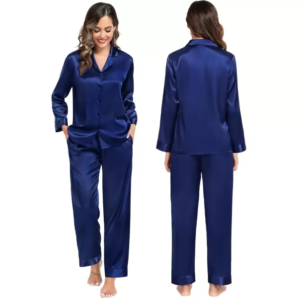 imageSWOMOG Couples Matching Pajamas Sets christmas pjs for family Silk Satin Long Sleeve Sleepwear Soft Button Down Pjs Set SXXLNavy Blue