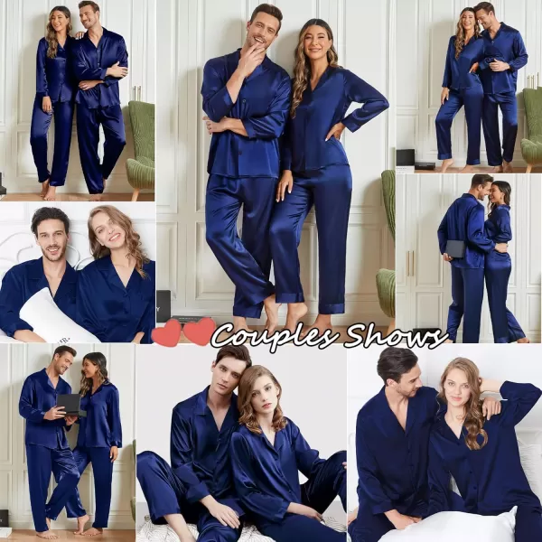 imageSWOMOG Couples Matching Pajamas Sets christmas pjs for family Silk Satin Long Sleeve Sleepwear Soft Button Down Pjs Set SXXLNavy Blue