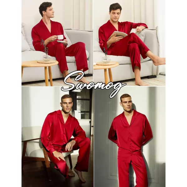 imageSWOMOG Couples Matching Pajamas Sets christmas pjs for family Silk Satin Long Sleeve Sleepwear Soft Button Down Pjs Set SXXLRed