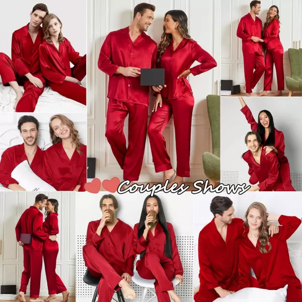 imageSWOMOG Couples Matching Pajamas Sets christmas pjs for family Silk Satin Long Sleeve Sleepwear Soft Button Down Pjs Set SXXLRed