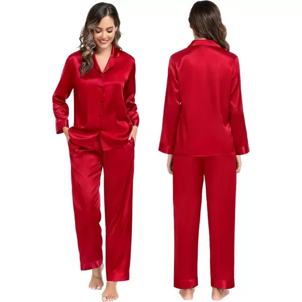 imageSWOMOG Couples Matching Pajamas Sets christmas pjs for family Silk Satin Long Sleeve Sleepwear Soft Button Down Pjs Set SXXLRed