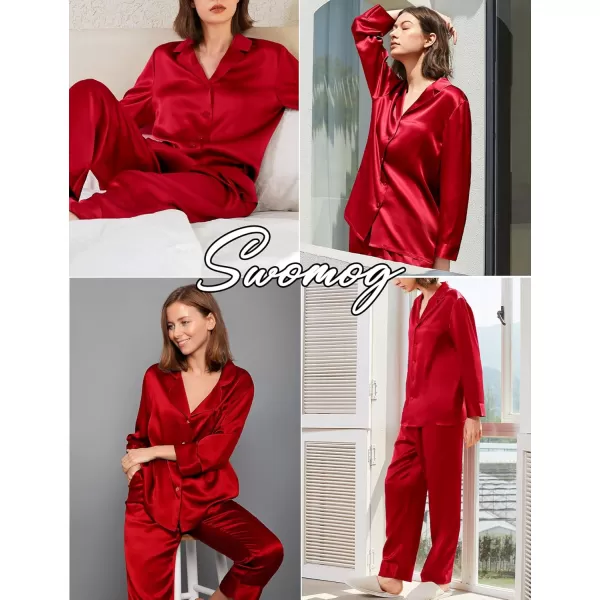 imageSWOMOG Couples Matching Pajamas Sets christmas pjs for family Silk Satin Long Sleeve Sleepwear Soft Button Down Pjs Set SXXLRed