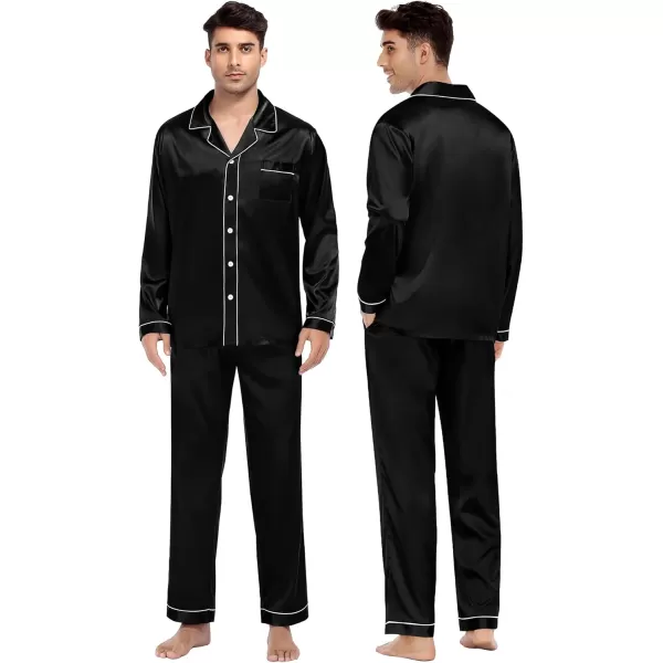 imageSWOMOG Couples Silk Satin Pajamas Sets Women ampamp Men Long Sleeve Sleepwear 2PCS Pjs ButtonDown Loungewear Comfy NightwearBlack