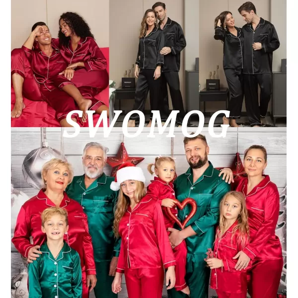 imageSWOMOG Couples Silk Satin Pajamas Sets Women ampamp Men Long Sleeve Sleepwear 2PCS Pjs ButtonDown Loungewear Comfy NightwearBlack