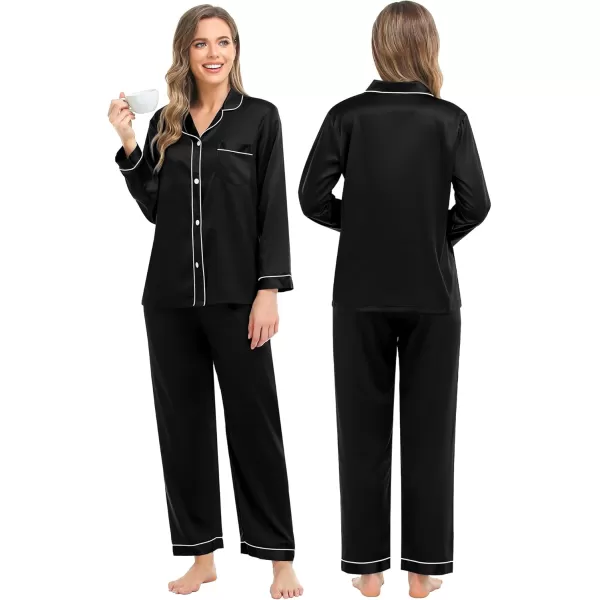 imageSWOMOG Couples Silk Satin Pajamas Sets Women ampamp Men Long Sleeve Sleepwear 2PCS Pjs ButtonDown Loungewear Comfy NightwearBlack