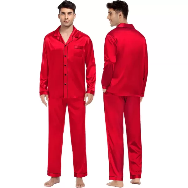 imageSWOMOG Couples Silk Satin Pajamas Sets Women ampamp Men Long Sleeve Sleepwear 2PCS Pjs ButtonDown Loungewear Comfy NightwearCandy Red