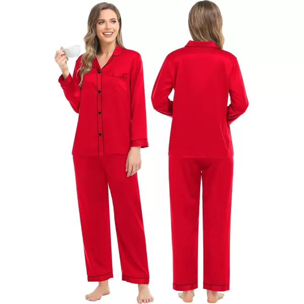 imageSWOMOG Couples Silk Satin Pajamas Sets Women ampamp Men Long Sleeve Sleepwear 2PCS Pjs ButtonDown Loungewear Comfy NightwearCandy Red