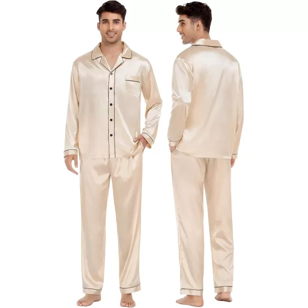 imageSWOMOG Couples Silk Satin Pajamas Sets Women ampamp Men Long Sleeve Sleepwear 2PCS Pjs ButtonDown Loungewear Comfy NightwearChampagne