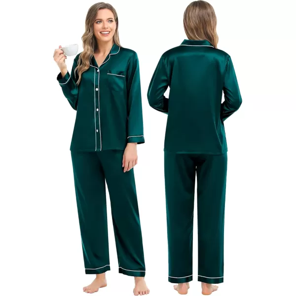 imageSWOMOG Couples Silk Satin Pajamas Sets Women ampamp Men Long Sleeve Sleepwear 2PCS Pjs ButtonDown Loungewear Comfy NightwearDeep Green