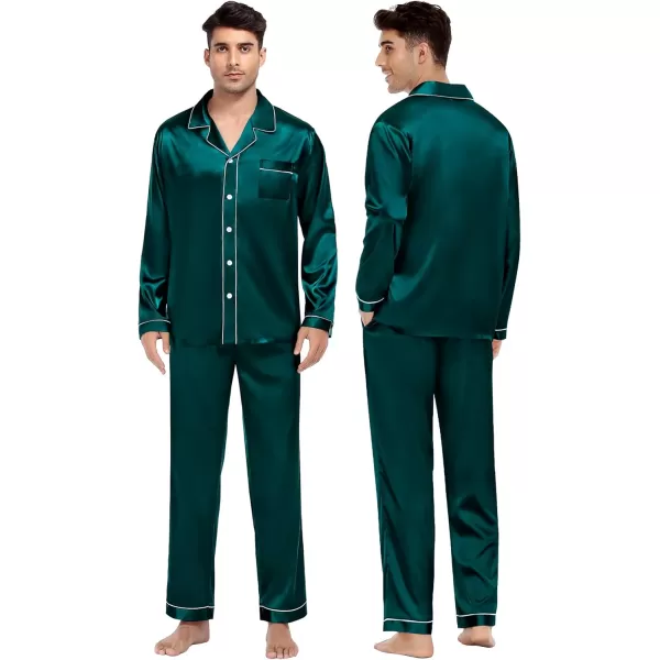 imageSWOMOG Couples Silk Satin Pajamas Sets Women ampamp Men Long Sleeve Sleepwear 2PCS Pjs ButtonDown Loungewear Comfy NightwearDeep Green