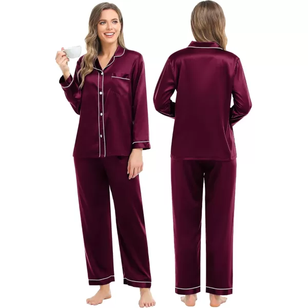 imageSWOMOG Couples Silk Satin Pajamas Sets Women ampamp Men Long Sleeve Sleepwear 2PCS Pjs ButtonDown Loungewear Comfy NightwearDeep Wine Red