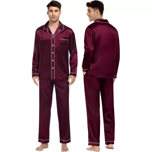 imageSWOMOG Couples Silk Satin Pajamas Sets Women ampamp Men Long Sleeve Sleepwear 2PCS Pjs ButtonDown Loungewear Comfy NightwearDeep Wine Red